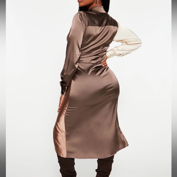 Mocha & Cream Satin Midi Dress - Long Sleeve - Size L - Picture 4 of 9